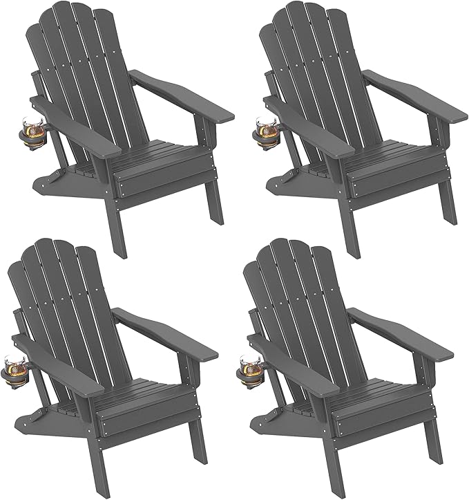 FOOWIN Adjustable Adirondack Chair, Folding Adirondack Chair with Cup Holder, HDPE All-Weather Fire Pit Chair with 3 Recline Positions, Suitable for Patio, Garden, Backyard, Poolside, Grey