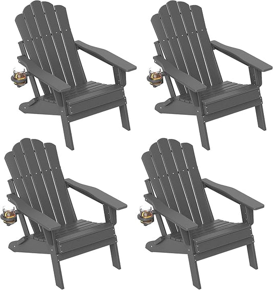 FOOWIN Adjustable Adirondack Chair, Folding Adirondack Chair with Cup Holder, HDPE All-Weather Fire Pit Chair with 3 Recline Positions, Suitable for Patio, Garden, Backyard, Poolside, Grey