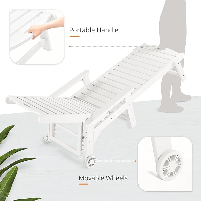 LUE BONA Chaise Lounge Chairs Set with Table, 3-Piece, HDPS Chaise Lounger, 5 Positions Adjustable Lounge Chairs, Pool Lounge Chair with Wheels for Poolside, 3 Year Warranty, White