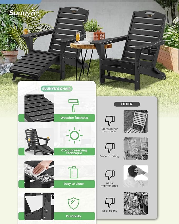 Folding Adirondack Chairs Set of 4,Adirondack Chair with Retractable Ottoman,Plastic Adirondack Chairs with 2 Cup Holder,Weather Resistant Patio Chair,Outdoor Chairs Set of 4(Black)