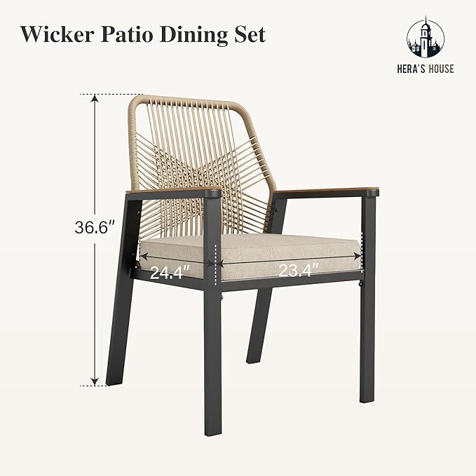 HERA'S HOUSE Patio Chairs Set of 6, 36.6" Rattan Dining Chairs with Heavy-Duty Wrought Iron Metal Frame Support 300lbs, All-Weather Dining Chair for Garden Lawn Backyard Kitchen Deck
