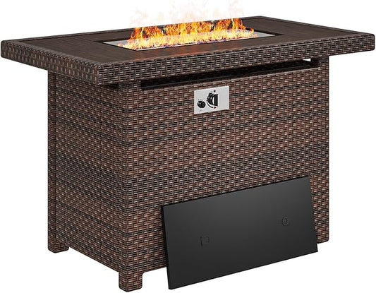 Aoxun 40" Propane Fire Pit 50,000 BTU Outdoor Wicker Fire Table with Wood-grainTabletop Patio Rectangular 2-in-1 Gas Fire Pit Table with Firepit Lid and Waterproof Cover（Brown）