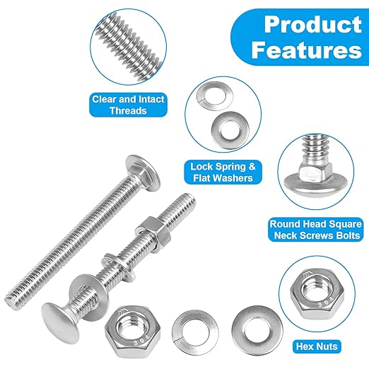Yinpecly 10 Sets 5/16-18 x 3" Carriage Bolts Screws, 304 Stainless Steel Round Head Square Neck Carriage Bolts and Nuts Kit, with Flat & Lock Washers, Full Thread Coverage