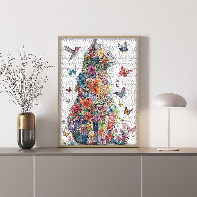 Cat Puzzles for Adults 1000 Pieces, Flower Puzzle Colorful Art Animal Kitten Hummingbird, Butterfly Garden Plant Floral Impossible Jigsaw Puzzle