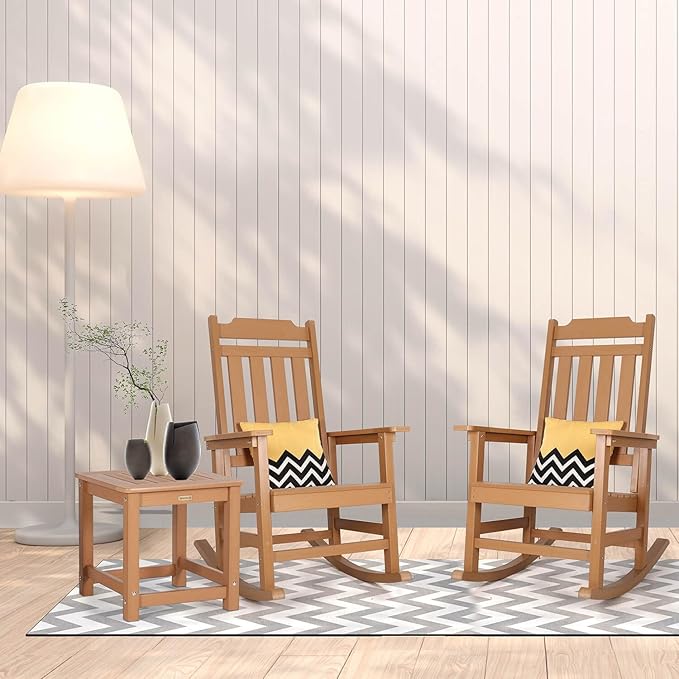 Rocking Chairs Set of 4, All Weather Resistant Poly Lumber Outdoor Porch Rocker, Rocking Chairs for Outdoor, Indoor, Patio, Deck, Garden, Backyard, Load Bearing 380 lbs - Teak