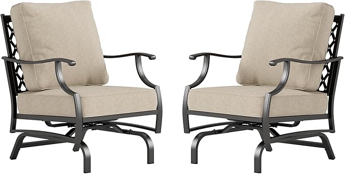 Metal Outdoor Patio Rocker Chairs Set of 2 with 5.75" Extra Thick Cushion, 2 Piece High Back Rocker Patio Chairs All Weather Outdoor Furniture Seating for Deck Porch Backyard, Beige