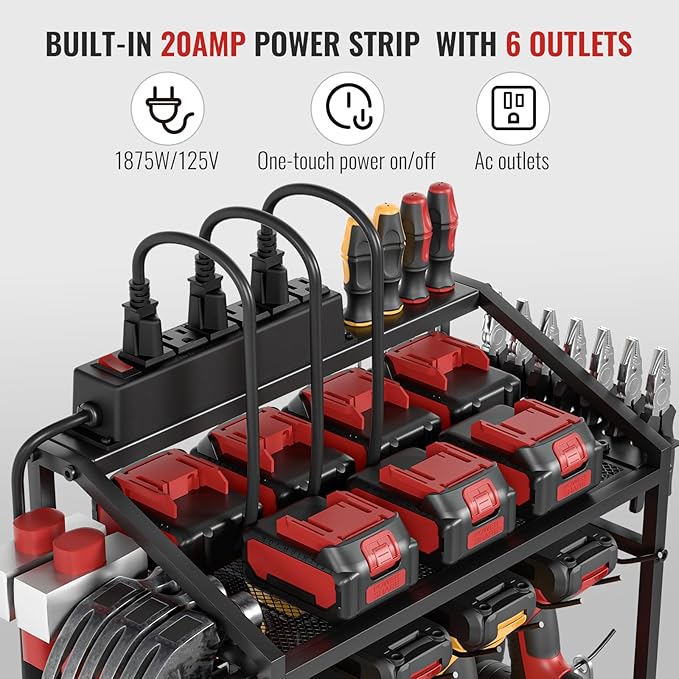 Power Tool Organizer Cart with Charging Station, Garage Floor Standing Rolling Drill and Tools Battery Storage Cart on Wheels, Rolling Tool Cart with 6 Outlet Power Strip