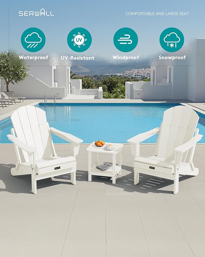 SERWALL Folding Adirondack Chair - HIPS Adirondack Chairs Outdoor Chairs Weather Resistant Fire Pit Chairs- White