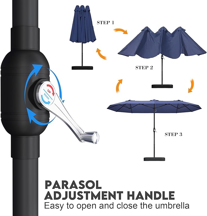 15ft Patio Umbrella with Base,Large Outdoor Double-Sided Rectangle Umbrella with Crank Handle, Market Umbrella for Poolside Garden Deck Backyard Beach Pools, Blue