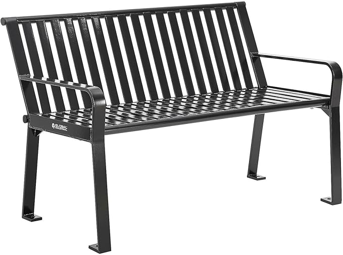 Global Industrial 4 ft. Outdoor Park Bench with Back, Vertical Steel Slat Construction, 600 lbs Capacity, Black, Unassembled, Heavy Duty Commercial Bench
