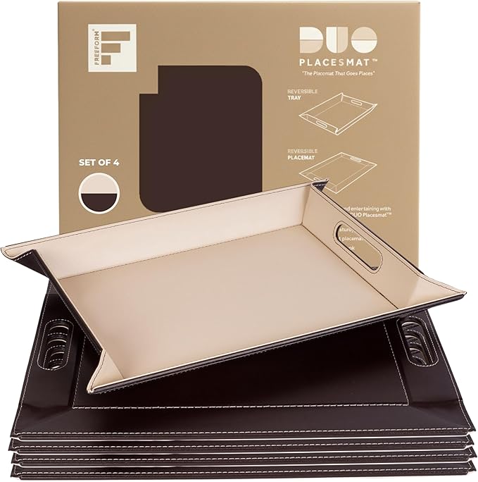 PLACEsMAT 2-in-1 Faux Leather Placemat & Serving Tray | Reversible Design, Lays Flat & Easy to Clean | Ottoman Food Tray, Perfect Housewarming Gift, 18” x 14” (Chocolate & Cream, Set of 4)