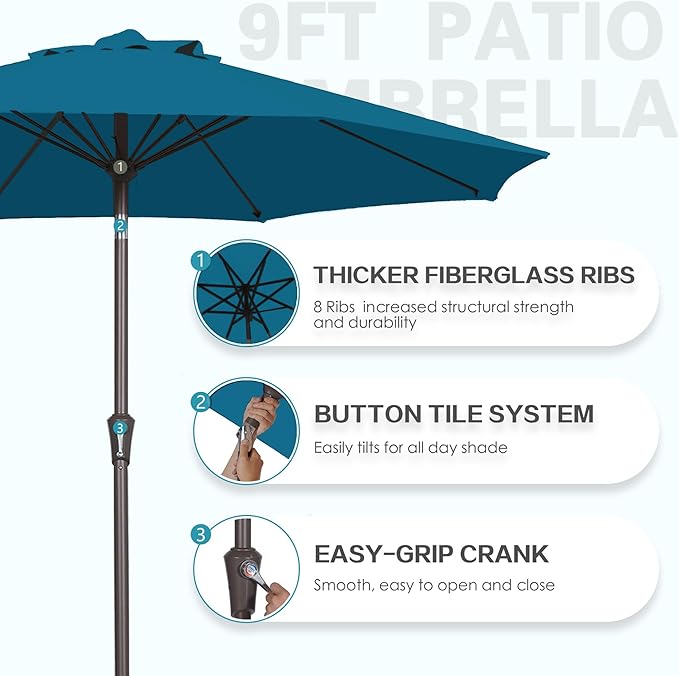 PatioKingdom 9FT Patio Outdoor Umbrella-UPF 50+ Sun Shade with Wind Vent, Push-Button Tilt & Smooth Crank Lift, Rust-Resistant Fiberglass Frame for Garden, Backyard,Yard (Lake Blue, 9FT)