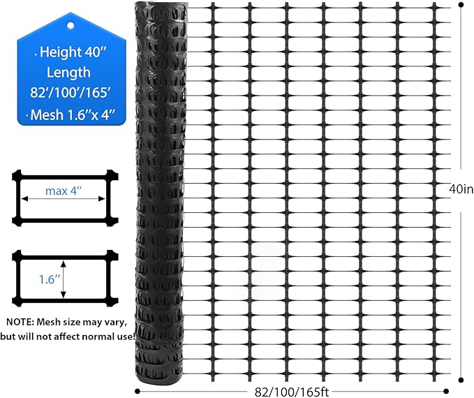 Garden Fence Animal Barrier, Snow Fence Temporary Fence Kit 40 in X 82 Ft, Plastic Safety Fence with 20 45-Inch Steel Stakes and 100 Zipper, Garden Fencing Temporary Fencing for Backyard