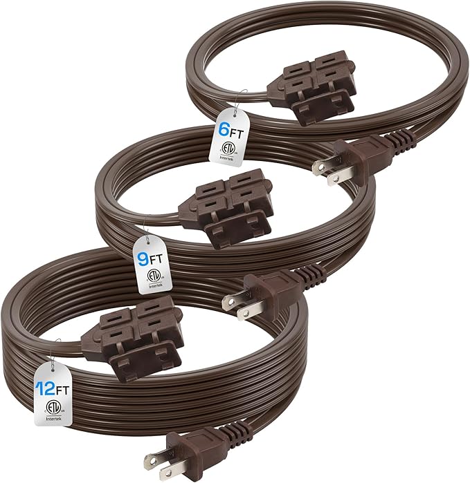 BN-LINK Indoor Extension Cord 6/9/12FT, 2 Prong Extension Cord Brown, 3-Outlet Polarized Flat Cable, 13A/1625W, Perfect for Homes, Offices, and Kitchens, Variety 3-Pack