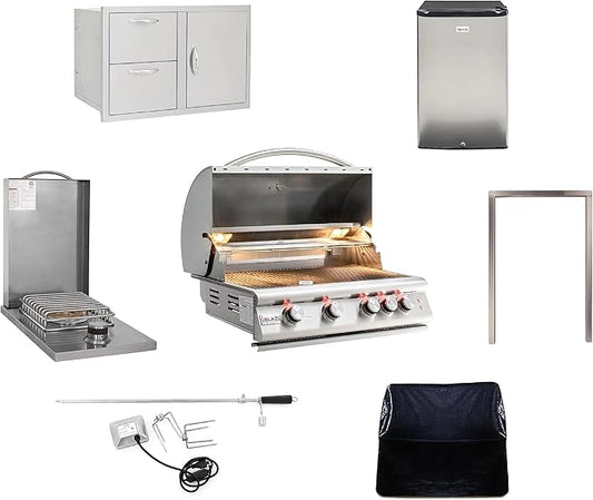 BLAZE BBQ Outdoor Package 8 of 32” LTE Built-in Natural Gas Grill, Dop-In Single Side Burner, 32” Door & Two Drawers Combo, 20” Compact Refrigerator, Grill Cover, Rotisserie Kit, and Accessories