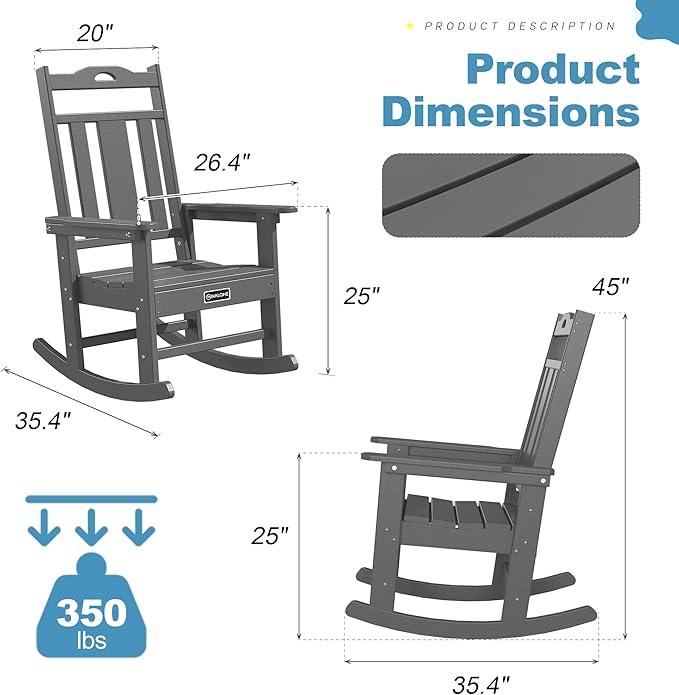 nalone Outdoor Rocking Chair, Oversized Porch Rocker Chair for Adult, All-Weather Resistant Patio Rocking Chair for Garden Lawn(Grey)