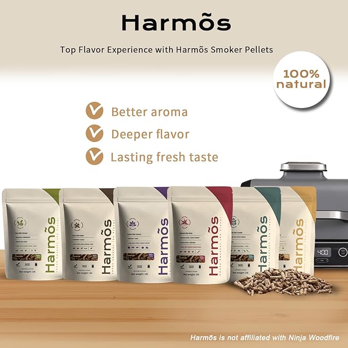 Harmos 4-Wood Pellets Variety Pack, 6 Flavors - All-Natural BBQ Pellets for Ninja Woodfire Grill & Outdoor Cooking, Resealable Bags, 6 Packs