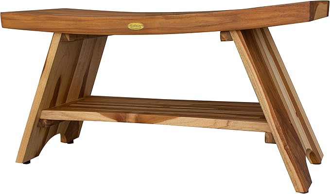 EcoDecors 35 Inch Serenity Teak Shower Bench – Waterproof Bathroom Seat with Large Storage Shelf For Adults & Seniors | Spa-Style Teak Wood Stool with Non-Slip Feet, Elegant Finish, 300 Pound Capacity