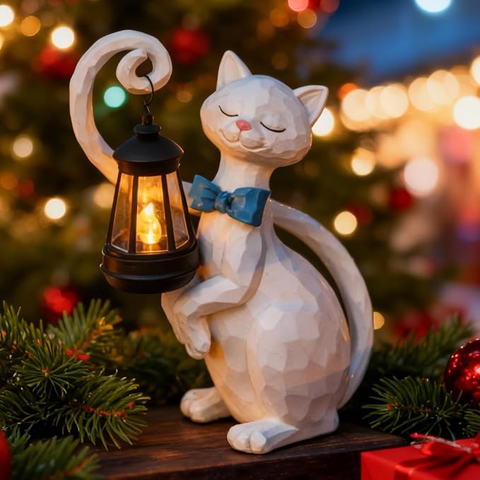 WHIMSYNOOK 10.7" White Cat Solar Garden Light Statue – Outdoor Garden & Yard Decor, LED Lantern, Gift for Cat Lovers