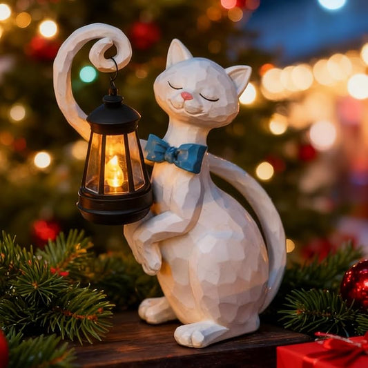 WHIMSYNOOK 10.7" White Cat Solar Garden Light Statue – Outdoor Garden & Yard Decor, LED Lantern, Gift for Cat Lovers