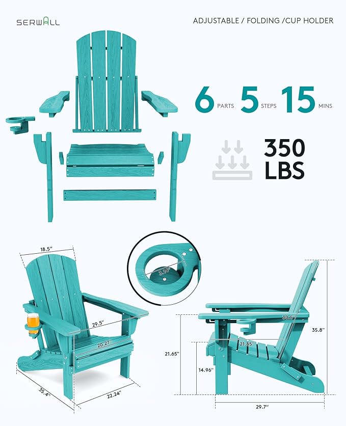 SERWALL Folding Adirondack Chair Set of 6, Adjustable Adirondack Chair with 3 Recline Positions, All Weather HDPE Outdoor Adirondack with Cup Holders, Aruba
