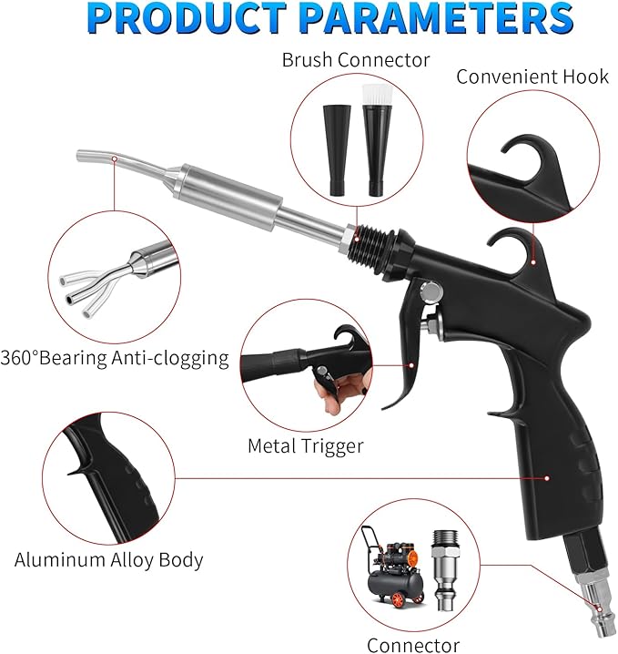 Car Cleaning Gun, High Pressure Air Blow Gun with 2 Nozzles, Air Cleaning Gun Detailing Kit, Interior Metal Dry Cleaning Gun Works with Air Compressor