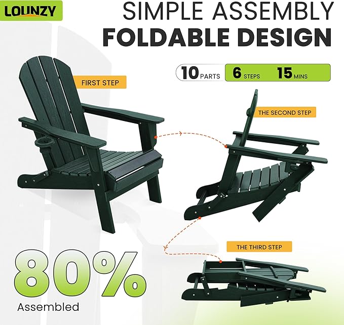 LOUNZY Folding Adirondack Chair, Green