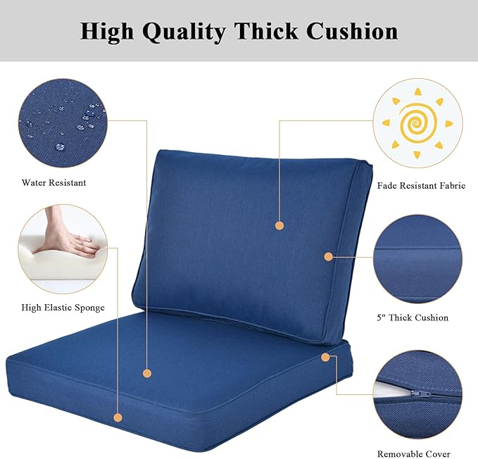 Aluminum Patio Furniture Set, All-Weather Outdoor Couch Sectional, L Shaped Patio Conversation Sets, Metal Corner Sofa with Teak Coffee Table (Cushion: Blue, Black Frame)
