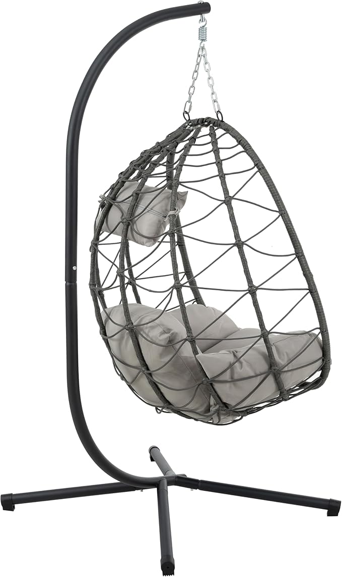 Indoor Outdoor Egg Chair with Stand Wicker Hanging Swing for Patio Bedroom Living Room Balcony Lightweight and Portable Design