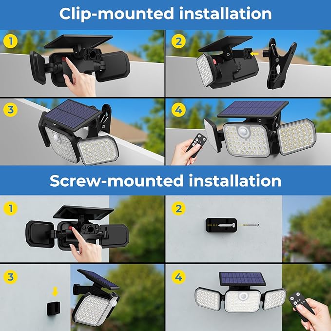 Peasur Clip on Solar Motion Lights Outdoor with Remote Control, Solar Security Light with 3 Modes, IP65 Waterproof Flood Lights Outside for Camping Garden Patio Garage Backyard