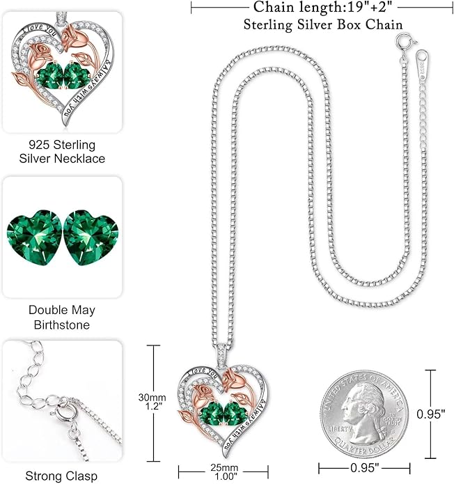 Iefil Christmas Gifts for Women Wife - 925 Sterling Silver Rose Heart Birthstone Necklace Birthday Anniversary Jewelry Gifts for Her Wife Mom Daughter
