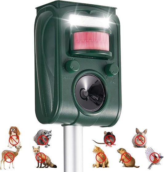 CIIC Upgraded Solar Ultrasonic Animal Repellent Devices Motion Detection 5 Adjustable Modes, Deer Cat Squirrel Raccoon Rabbit Dog Repellent Deterrent with LED Waterproof Flash Lights for Yard, Farm