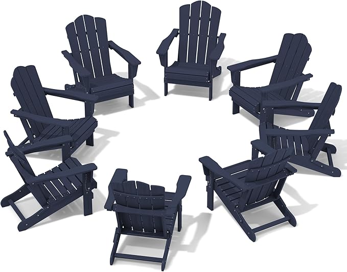 KINGYES Folding Adirondack Chair Set of 8, HDPE All-Weather Adirondack Chair, Navy Blue