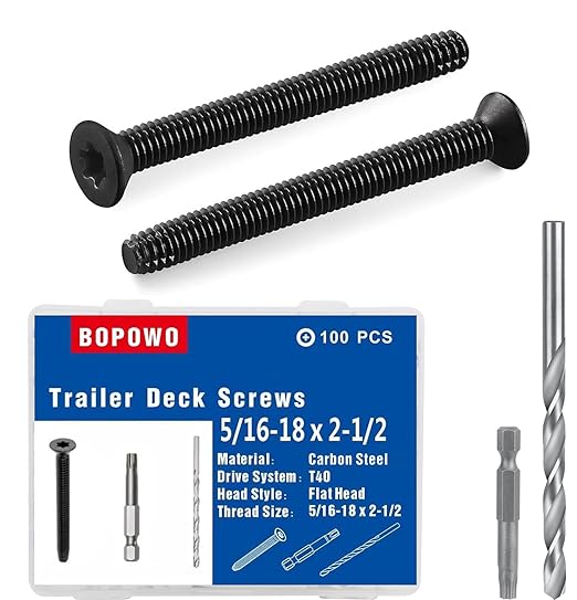 (100pcs) 5/16-18 x 2-1/2" Flat Head Thread Cutting Trailer Deck Screws, Black Phosphate, Package Contains T40 Star Drivea and 9/32 Drill bit