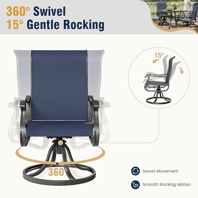 Amopatio Patio Swivel Chairs Set of 8, Outdoor Swivel Rocker Dining Chairs with All Weather Textilene High Back & Metal Frame, for Backyard Deck Lawn Garden, Navy Blue