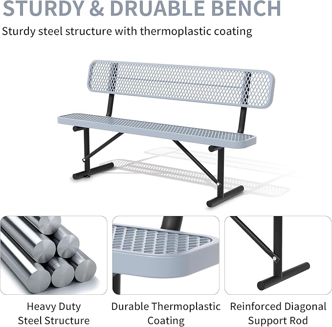 6 Feet Heavy Duty Metal Park Bench for Outside, Outdoor Bench with Backrest & Portable Frame, Commercial Benches for Shopping Malls, Stores, Parks, Patios, Decks, Grey