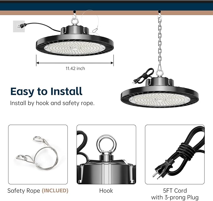 UFO LED High Bay Lights 5000K 200W 30000LM 6 Pack with Plug High Bay Led Shop Lights Suitable for Warehouse Workshop Factory Gym Garage Barn LED Lamp AC100-277V