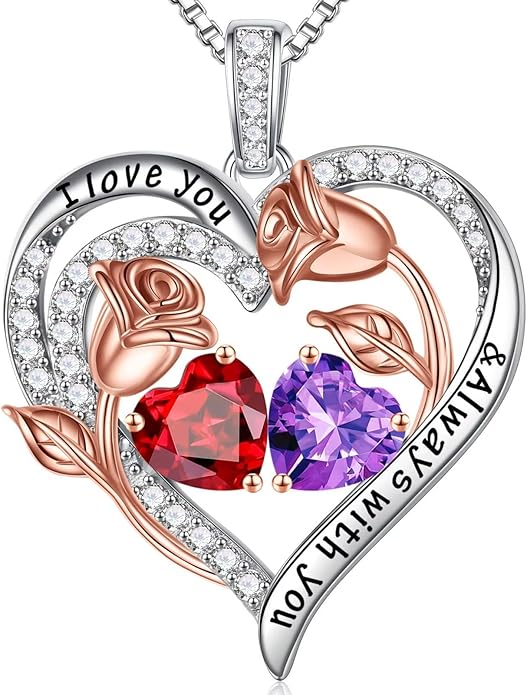 Iefil Christmas Gifts for Women Wife - 925 Sterling Silver Rose Heart Birthstone Necklace Birthday Anniversary Jewelry Gifts for Her Wife Mom Daughter
