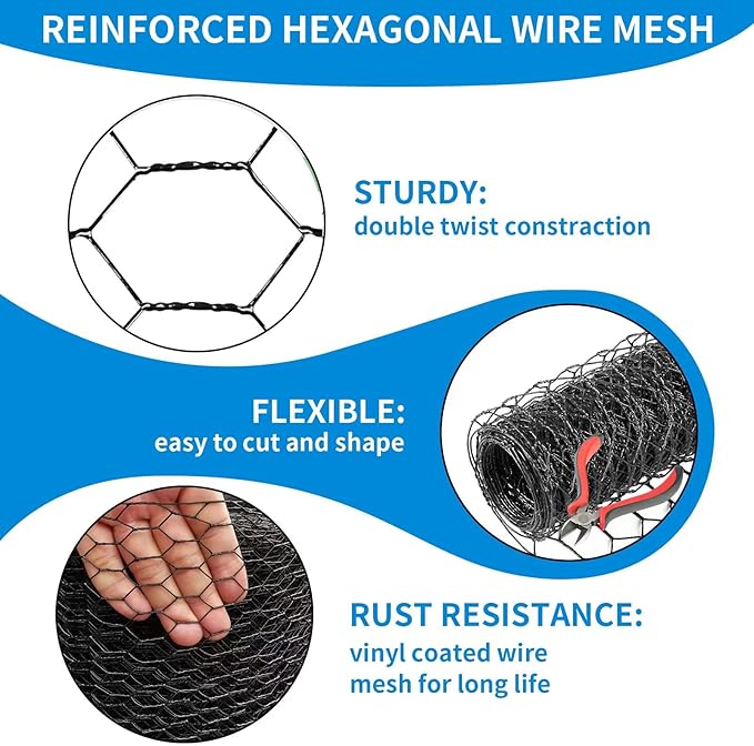 12'' x 150' Black Chicken Wire Mesh Fence, 20 Gauge Galvanized Poultry Netting and 1 inch Garden Mesh Fence Roll, Chicken Wire for Floral Arrangements/Crafts/Farm/Livestock/Pet Protection