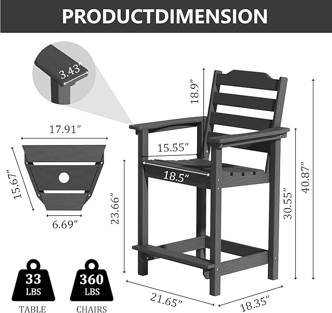 OTSUN Tall Adirondack Chair Set of 2, HDPE Counter-Height Balcony Chairs for Garden, Backyard, Poolside, Capacity 220LBS (2 PCS, Black)