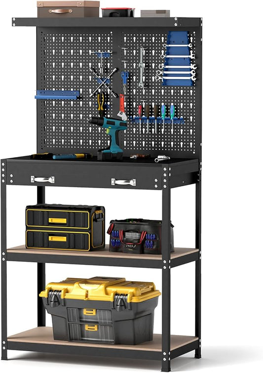 Goplus Workbench, Work Table with Drawer, Pegboard, Hanging Accessories, Topping Space, 4-Tier Heavy Duty Metal Tool Storage Bench, Work Benches for Garage, Workshop (Blue, 32" x 16" with Drawer)