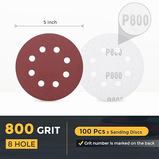 HARFINGTON 100 Pcs 5 Inch Sanding Discs, 800 Grit Hook and Loop Sandpaper, 8-Hole Aluminum Oxide Orbital Sander Sandpaper for Woodworking Automotive Metal Polishing, Red