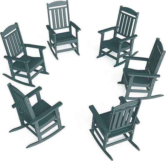 FOOWIN Outdoor Rocking Chair Set of 6, High Back Patio Rocking Chair, HDPE All Weather Resistant Porch Rocker for Adult, Oversized Rocking Chairs for Garden, Lawn, Indoor & Outdoor Use, Dark Green