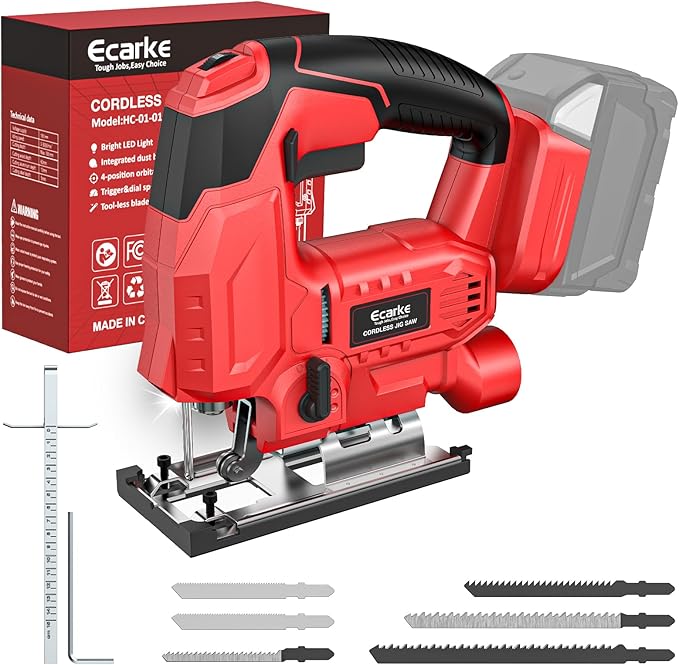 Ecarke Cordless Jig Saw Compatible With Milwaukee 18V Battery, Brushless, 4 Orbital Sets, 7 Speeds Dial Control, Dust-Blowing, ±45° Bevel Cuts, LED Light and 6PCS Blades For Cutting (Without Battery)