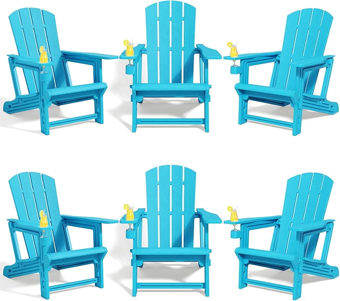 Adirondack Chairs Set of 6,Plastic Adirondack Chair with Cup Holders, All-Weather Outdoor Fire Pit Patio Chairs for Lawn,Backyard Deck, Porch,400LBS Heavy-Duty,Sky Blue