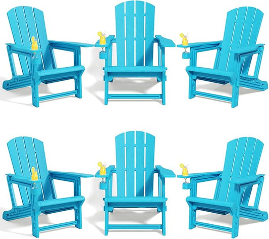 Adirondack Chairs Set of 6,Plastic Adirondack Chair with Cup Holders, All-Weather Outdoor Fire Pit Patio Chairs for Lawn,Backyard Deck, Porch,400LBS Heavy-Duty,Sky Blue