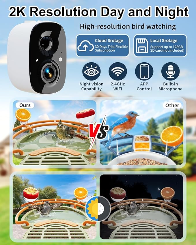 Bird Feeder with Camera, Smart Birdfeeder with Cam Solar Powered, 2K HD Video, AI Identification, Instant Arrival Alerts, IP66 Bird Bath & Feeder,Gift for BirdLover (with BirdBath, Green)