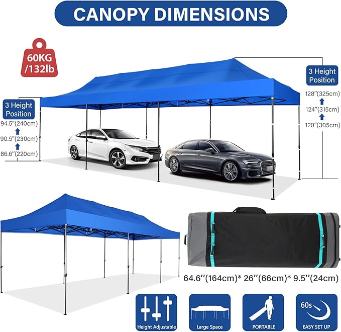 COBIZI 10x30 Pop up Canopy Heavy Duty Without Sidewalls, Easy Set-up Commercial Outdoor Party, 100% Waterproof Wedding Canopy Gazebo, 3 Height Adjustable with Wheeled Bag, Blue