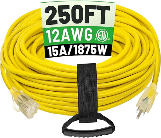 POWGRN 250 ft 12/3 Outdoor Extension Cord Waterproof Heavy Duty with Lighted End 12 Gauge 3 Prong, Flexible Cold-Resistant Long Power Cord Outside, 15Amp 1875W SJTW Yellow ETL Listed