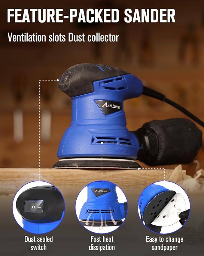 AVID POWER 5 Inch Orbital Sander, 12000 RPM Electric Sander Tool, Random Orbit Sander for Woodworking, 12 Pcs Sandpapers and Dust Collection Bag